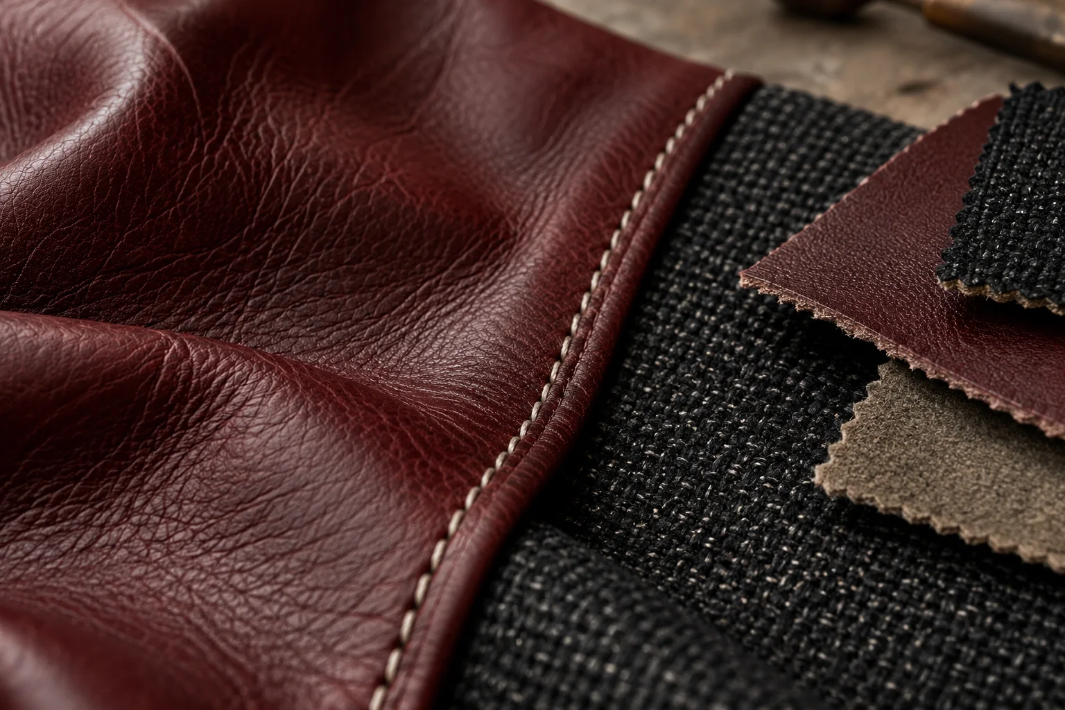 Illustration de cuir bordeaux cousu et de textile noir